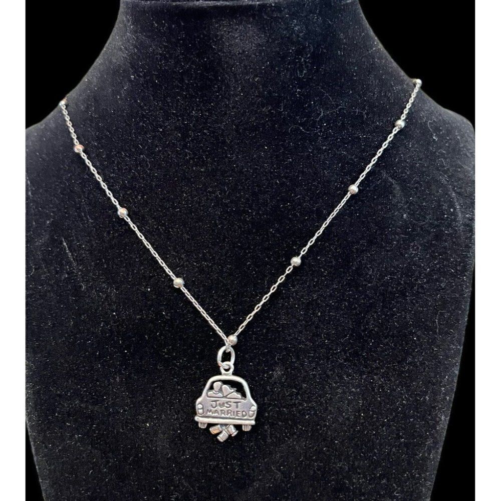 Sterling Silver JUST MARRIED Couple in Car Pendant Wedding Bride Necklace 925